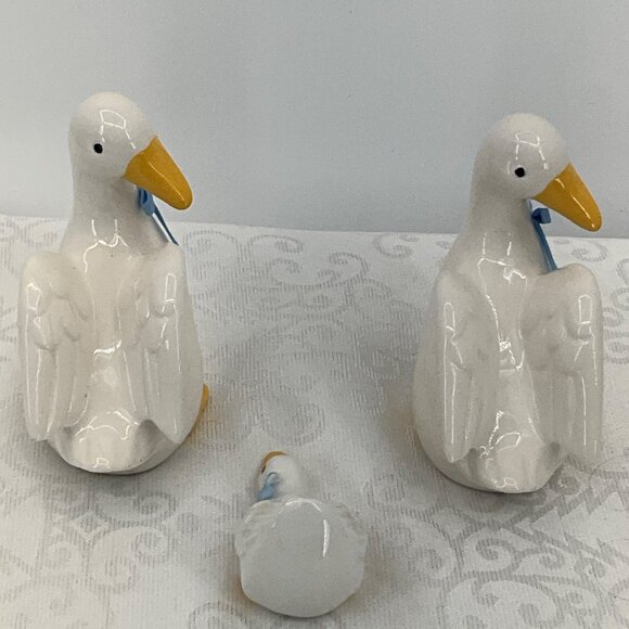 Ceramic Goose Figurine Set With Blue Ribbon Accents - Picture 6 of 10
